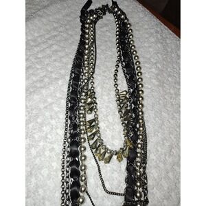 Necklace Multi-Strand Layered Silver Black Ribbon Spike Mixed Chain Statement